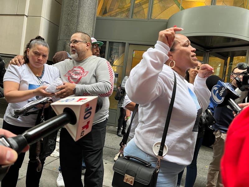 Members of Eddie Irizarry's family expressed outrage outside the courthouse on Sept. 26, 2023, after a judge dropped all charges against Mark Dial, the former police officer accused of fatally shooting Irizarry.