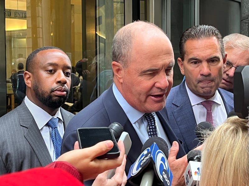 Attorneys for former Philadelphia police office Mark Dial speak to reporters outside the Center for Criminal Justice.