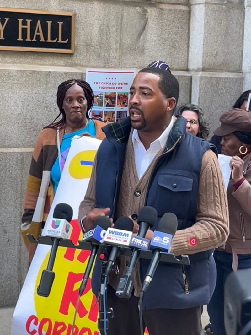 Chicago Alderman Will Hall (6th Ward) speaks during an appearance outside City Hall Tuesday morning.
