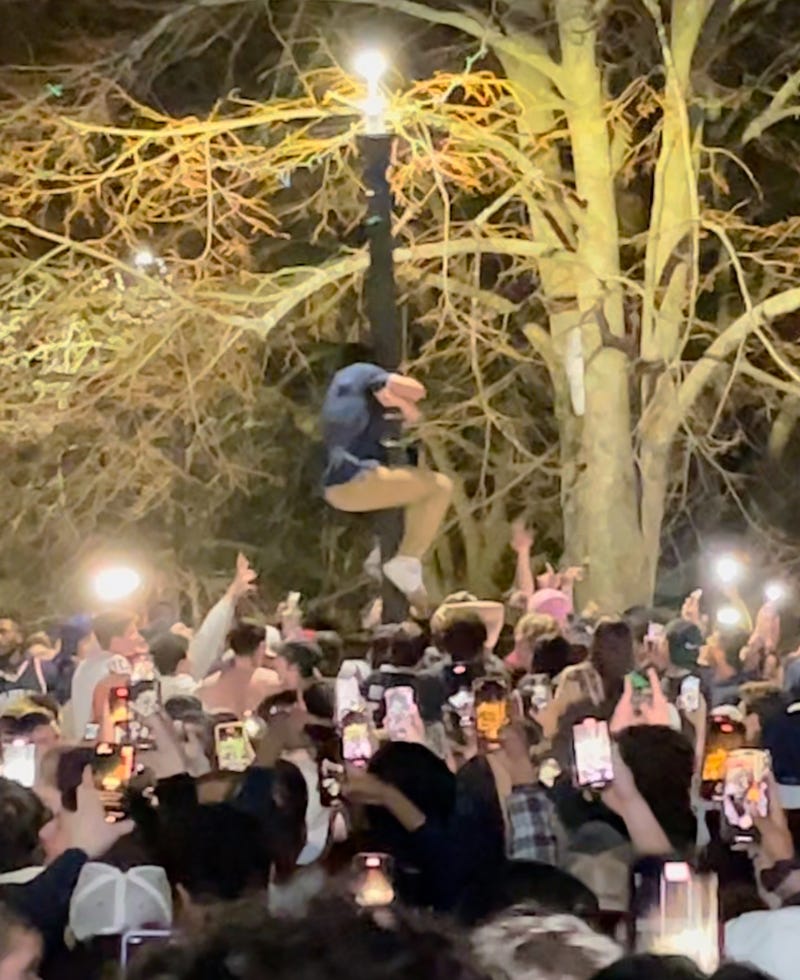 A rioter at UConn climbs a metal light post, trying to take it down, as others look on, after the Huskies won the men's basketball national championship, 4/3/23 