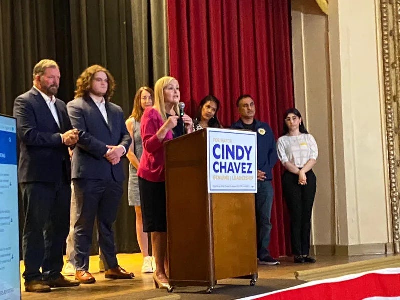 Cindy Chavez making her victory speech after the June election.