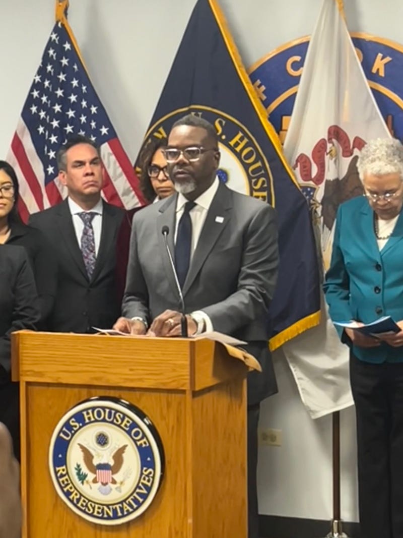 Chicago Mayor Brandon Johnson answers questions during an appearance at the Cook County Building, October 24, 2025.