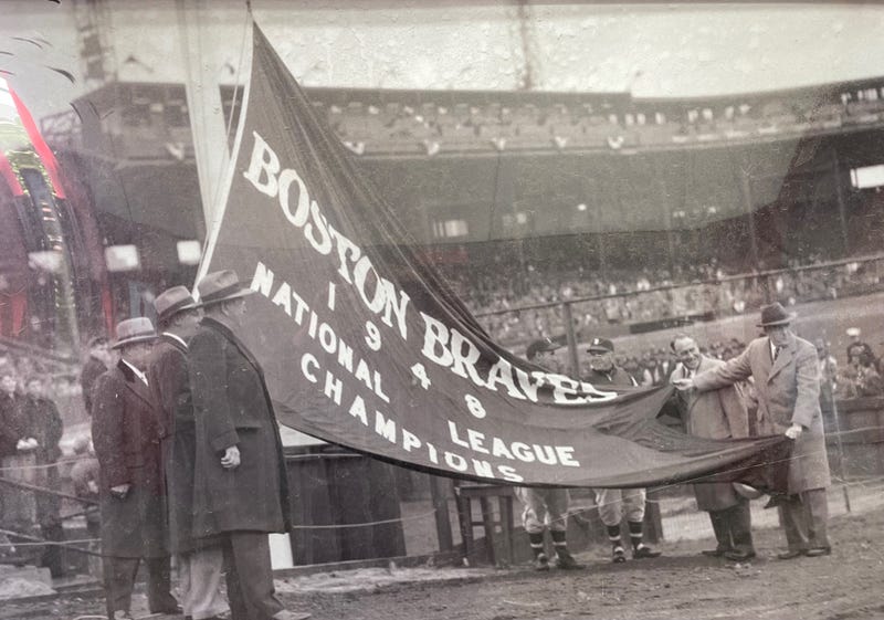 This photo of the Braves' 1948 pennant hangs in the concourse at BU's Nickerson Field