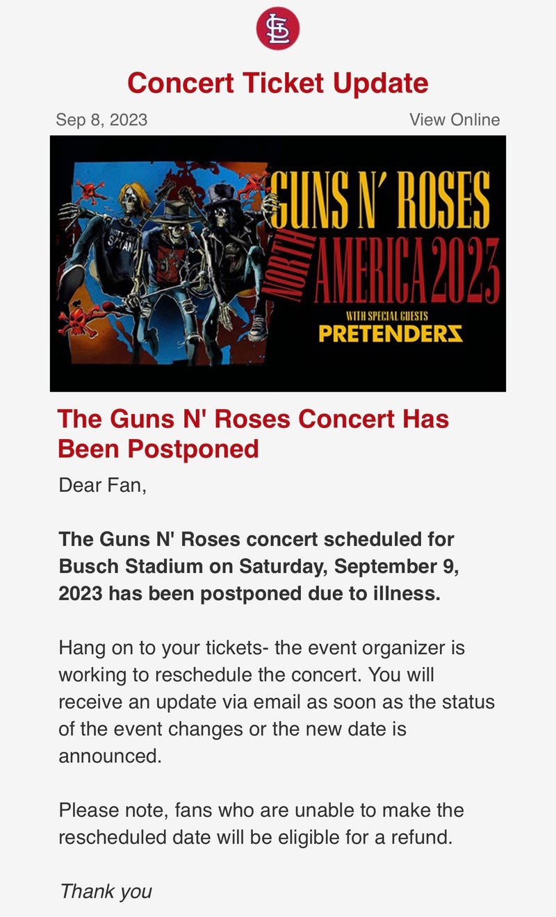 Email to Guns 'N Roses ticketholders