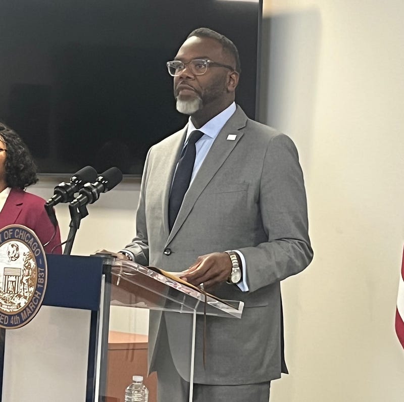 Chicago mayor Brandon Johnson talks to reporters at City Hall, November 10, 2025.