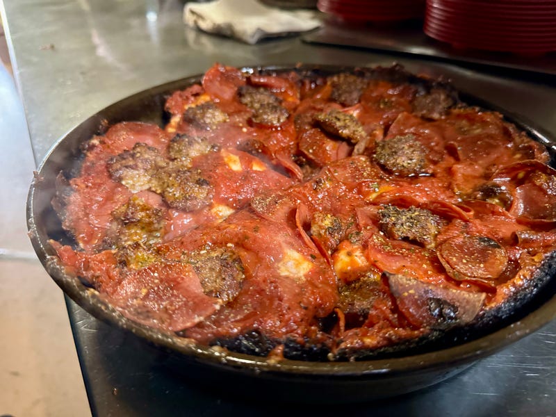 A pepperoni pizza from Pequod's.