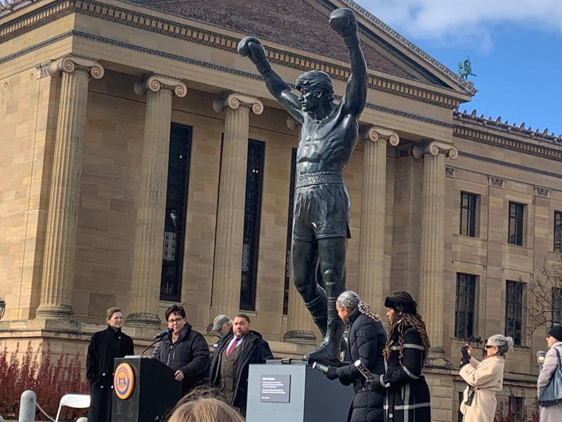 Sylvester Stallone's personal "Rocky" statue stands at the top of the Philadelphia Museum of Art steps at the kickoff event for RockyFest on Tuesday, Dec. 3.