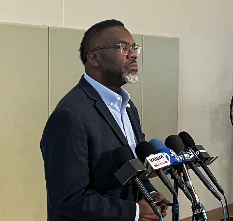 Chicago mayor Brandon Johnson answers questions from reporters during an appearance at the Salvation Army Freedom Center in the Humboldt Park neighborhood.