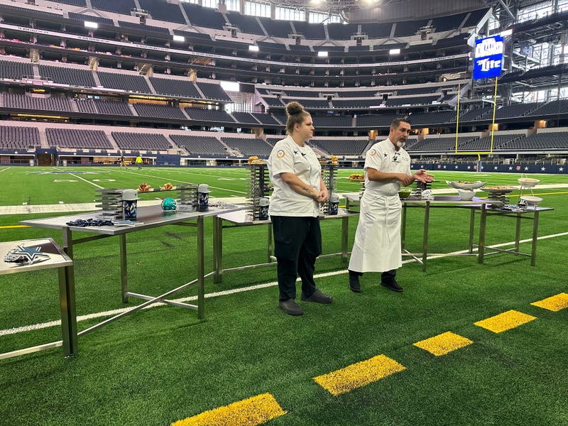 Concession chef Heather Fuller, left, and executive chef Marcelo Vasquez present new concession items at AT&T Stadium on Thursday, Sept. 14, 2023 in Arlington, Texas.