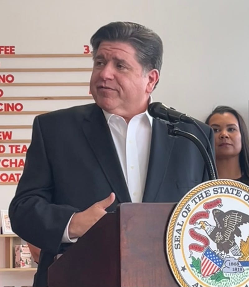 Illinois Gov. J.B. Pritzker talks to reporters in Skokie, November 21, 2025.