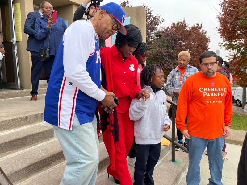 Cherelle Parker leaves her polling place with family and supporters, West Oak Lane, Nov. 7, 2023.