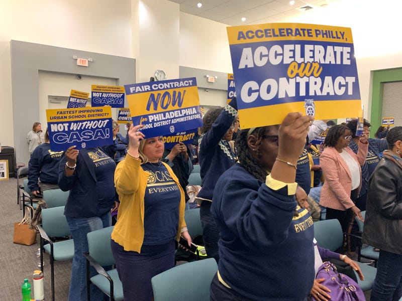 Dozens of Philly school principals protested during a school board meeting on Nov. 20, 2025. They have been working without a union contract since Aug. 31.