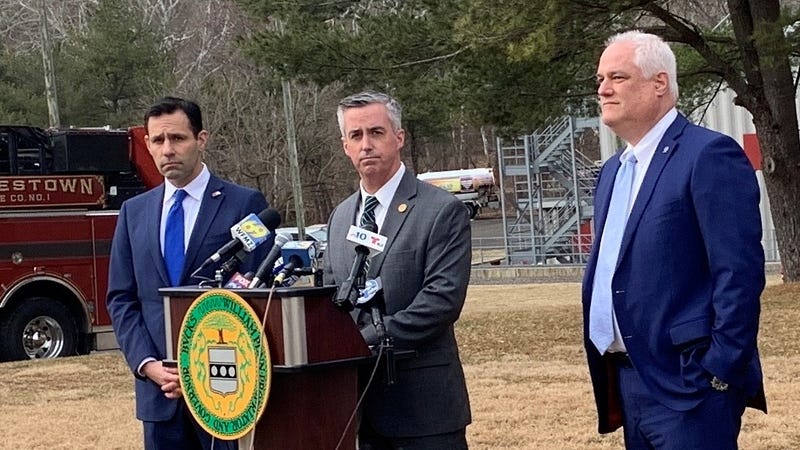 From left to right: Bucks County Solicitor Joe Khan, Bucks County Commissioner Bob Harvie, Bucks County District Attorney Matt Weintraub.