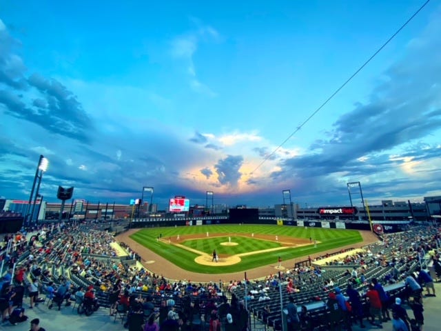 Baseball stadium at sunset