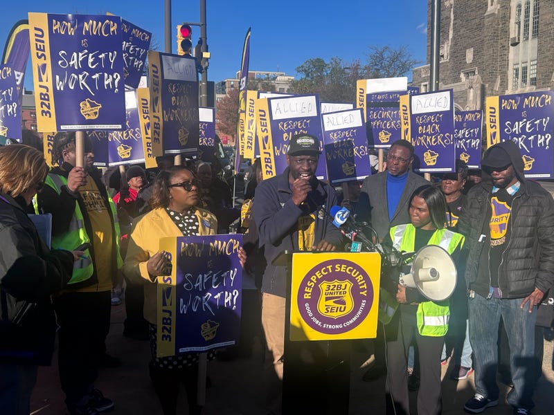 Local members of 32BJ SEIU, a union representing mostly building workers, speak at a rally at Temple University