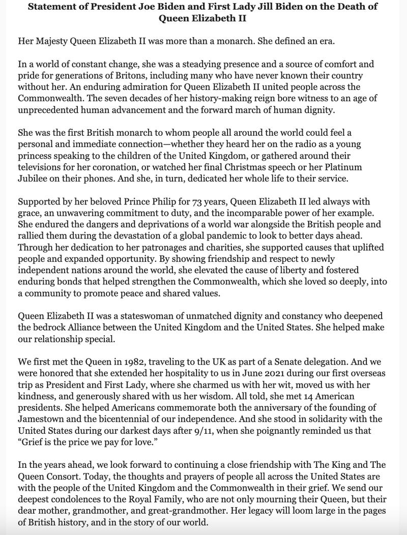 President Joe Biden responds to Queen Elizabeth II's death.