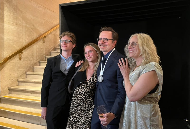 Lula Cafe Executive Chef and Owner Jason Hammel, second from the right, poses for a photo with his family after his restaurant took home the 2024 James Beard Award for Outstanding Hospitality. Lula Cafe was the only 2024 winner from Chicago.