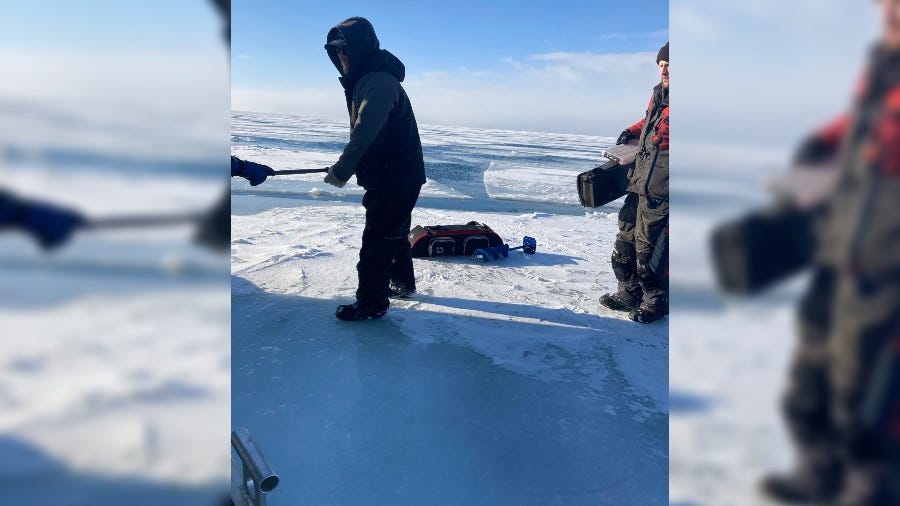 WATCH: airboat rescues ice fishermen surrounded by open water in Huron County
