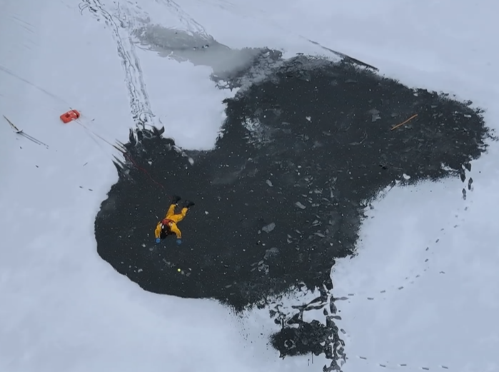 Forest Ranger Nate Laymon during the ice rescue on Basswood Pond.
