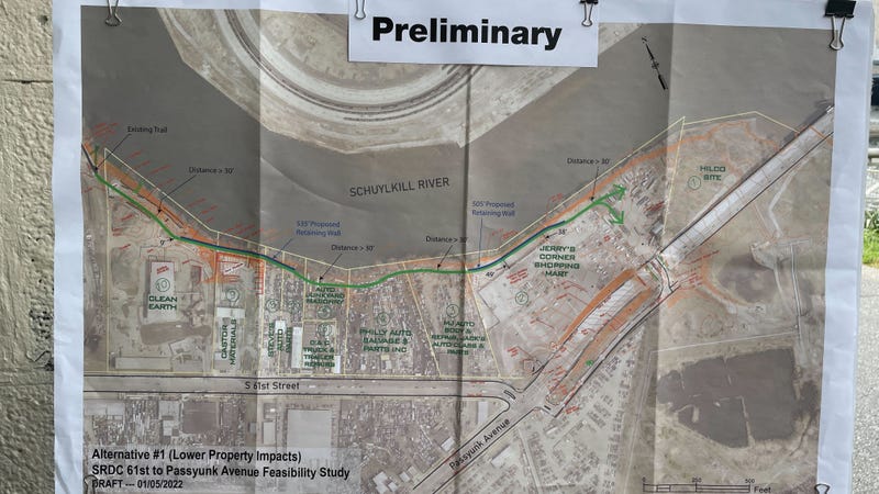 A map presented Tuesday with the plan for the extensions of the Schuylkill River Trail to parts of Southwest Philadelphia.