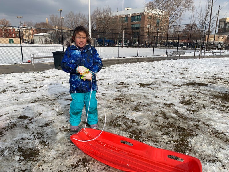 Girl with sled in snow