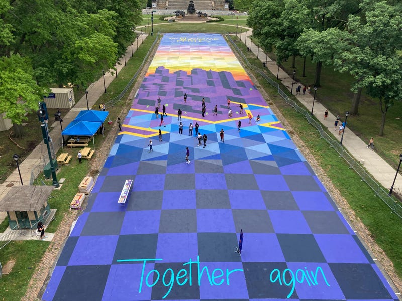 Photo of the Together Again mural near the Philadelphia Museum of Art.