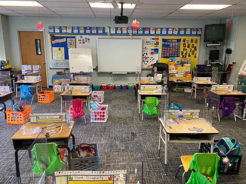 A classroom at Resurrection Elementary in Cherry Hill has extra space between desks.