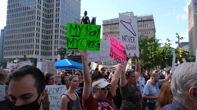 People protest about abortion, Friday, June 24, 2022, outside Philadelphia City Hall.