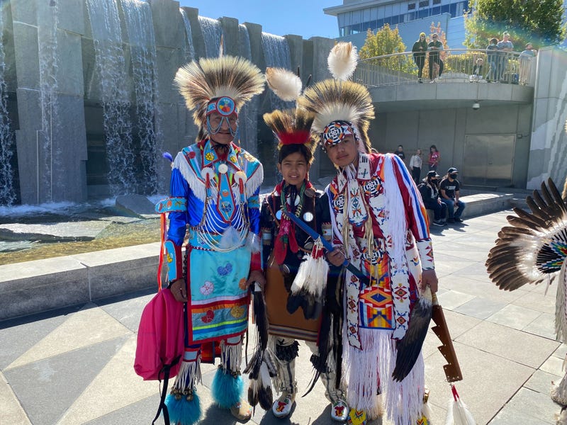 Chicken and Crow Dancers from the Crow Onondaga Nation in Montana, at Yerba Buena Gardens in San Francisco during Indigenous Peoples Day celebration