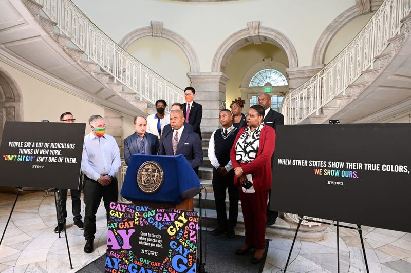 New York City Mayor Eric Adams, Elisa Crespo, executive director, NEW Pride Agenda and Kevin Jennings, CEO, Lambda Legal; and founder, Gay, Lesbian and Straight Education Network announce the launch of digital billboards and creative ads supporting LGBTQ+ community on April 04, 2022 in New York City. Mayor Adams and New York City officials on Monday expressed their support for LGBTQ+ individuals in Florida after the state’s “Don’t Say Gay” bill was signed into law. Mayor Adams has been recently criticized for appointing three men to New York City's Panel for Educational Policy that have previously expressed anti-gay views.