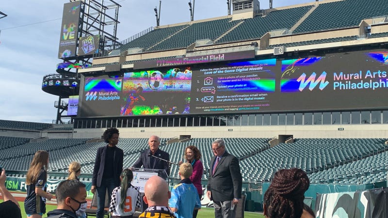 A display of the Mural Arts artwork for the 2026 FIFA World Cup hosting bid for Philadelphia.