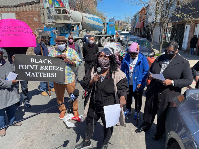 Community organizers protesting the development of a four-story apartment building in the Point Breeze neighborhood.