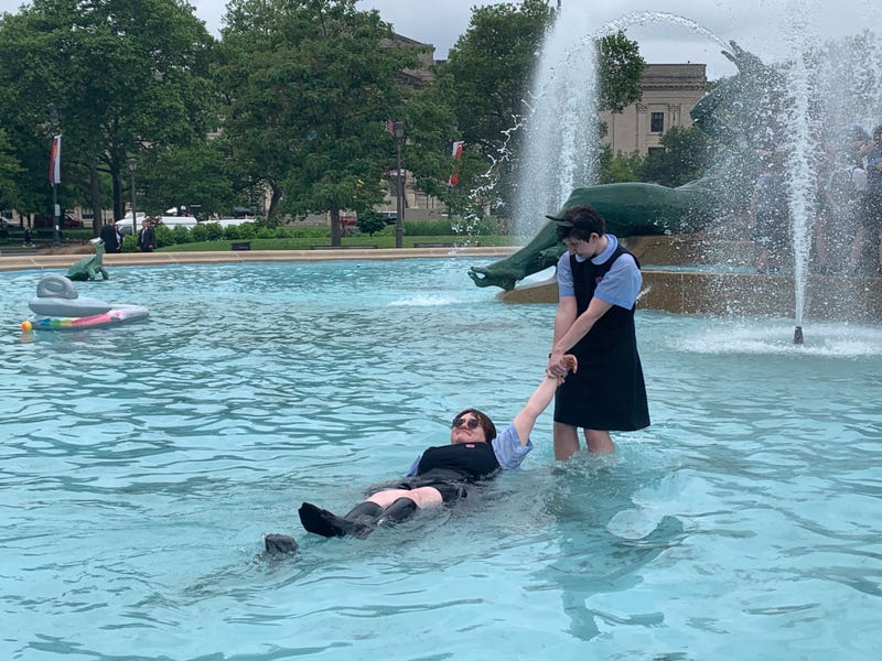 Hallahan High School students during their last run-and-jump into the fountain at Logan Square.