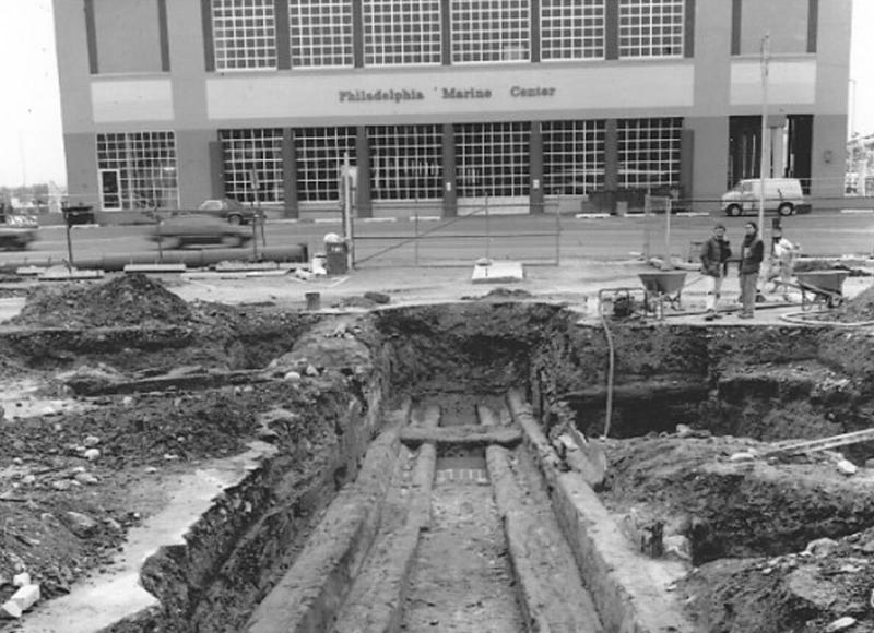 An archaeological site on the Philadelphia waterfront, as it was in 1987.