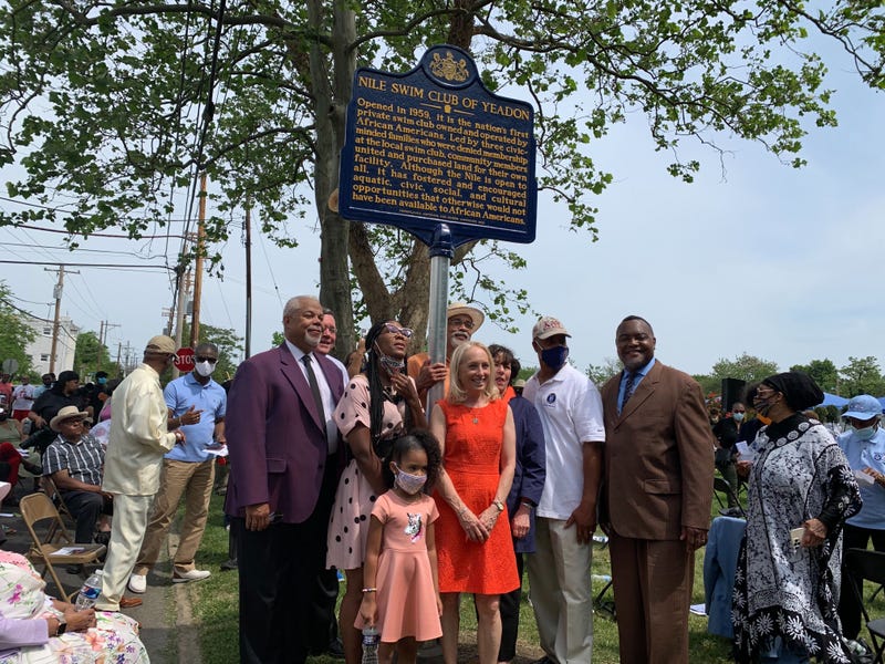 State Sen. Anthony Hardy Williams (left) and Pennsylvania Historical and Museum Commission chair Nancy Moses were on hand to unveil the Nile Swim Club's new historical marker, issued by the Commonwealth of Pennsylvania.