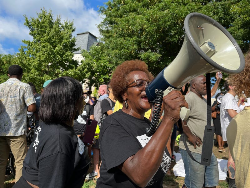 Darlene Formen protested the redevelopment of US Townhomes site and the displacement of its residents, as Philadelphia sheriff’s deputies cleared out an encampment in front of property in August of 2022.