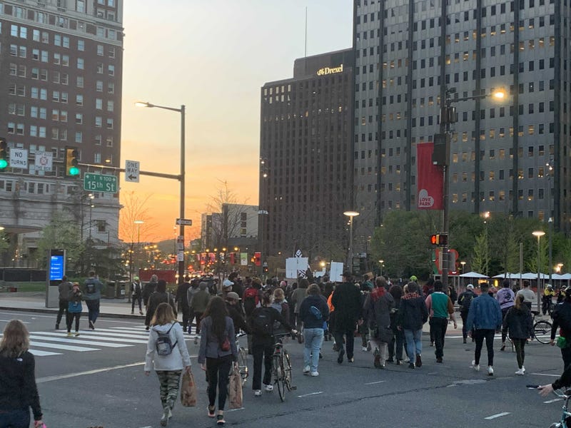 People demonstrate in Center City Philadelphia to remember the lives of Black people lost to police conflicts.