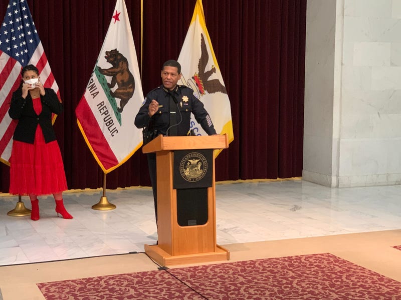 San Francisco Police Chief Bill Scott speaking at a press conference with Mayor London Breed and Supervisor Matt Haney.