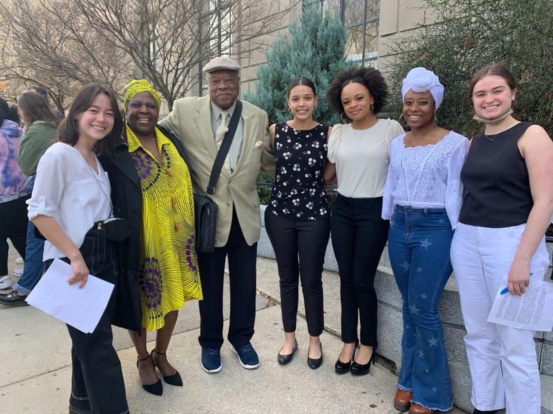 Taryn Flaherty (left) and her friends (center to right) Alison Fortenberry, Nia Weeks, Tatiana Bennett and Aden Gonzales celebrate the unveiling of the Black Student Walkouts historical marker with Karen Asper Jordan and Dr. Walter Palmer (2nd and 3rd from left), who participated in the walkouts in 1967.