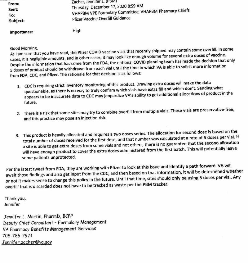 An internal memo from VA Pharmacy Benefits Management Services directs staff to discard additional coronavirus vaccine doses.