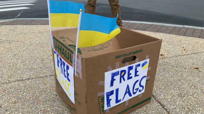 A box holding free Ukrainian flags for people passing on 16th Street and Ben Franklin Parkway.