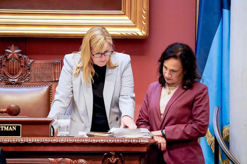 House Speaker Melissa Hortman (L) and House Minority Leader Lisa Demuth (R) conference during a May 18 floor session.