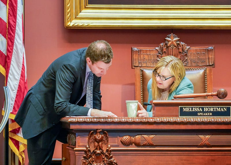 House Majority Leader Jamie Long and House Speaker Melissa Hortman in the House chambers in 2024.