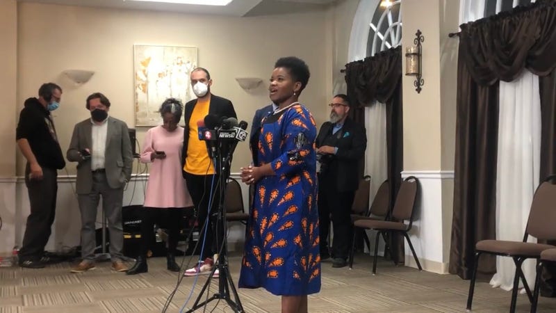 India Walton speaks to reporters after the polls close on Election Day. November 2, 2021