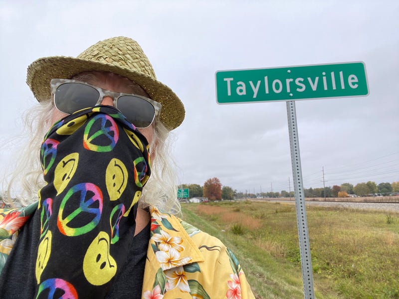 Reporter Jim Taylor outside Taylorsville, Indiana