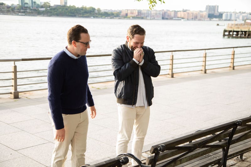Jack Ciapciak (L) and his Jack Lorentzen (R) during their engagement in Hudson River Park in September 2022.