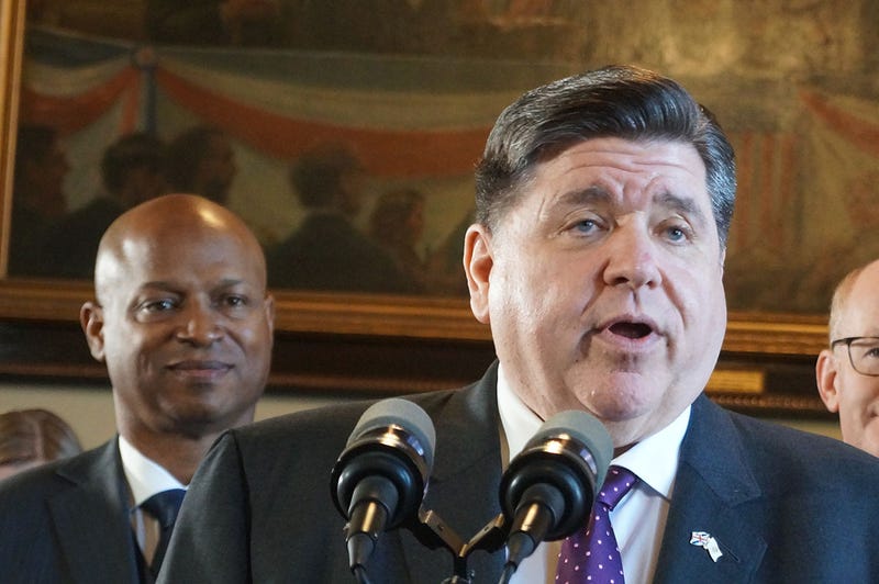 Gov. JB Pritzker speaks at a news conference at the Statehouse in Springfield on April 8, 2025.
