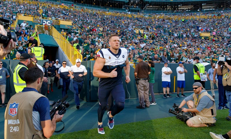Aug 8, 2019; Green Bay, WI, USA; Houston Texans defensive end J.J. Watt (99) runs onto the field prior to the game against the Green Bay Packers at Lambeau Field. Mandatory Credit: Jeff Hanisch-USA TODAY Sports