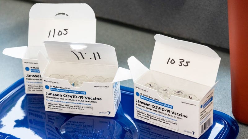 Boxes of the Covid-19 Johnson & Johnson Janssen vaccine are ready to be distributed as part of a collaborative effort from the West Virginia National Guard, FamilyCare Health Centers and Toyota to vaccinate Toyota employees on March 26, 2021 on the grounds of the Toyota plant in Buffalo, West Virginia.