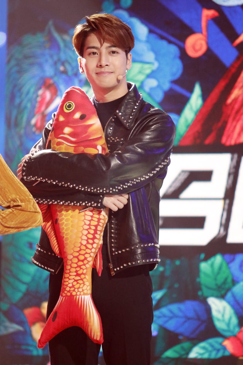 Singer Jackson Wang attends television show 'Chuang' press conference on February 28, 2019 in Shanghai, China.